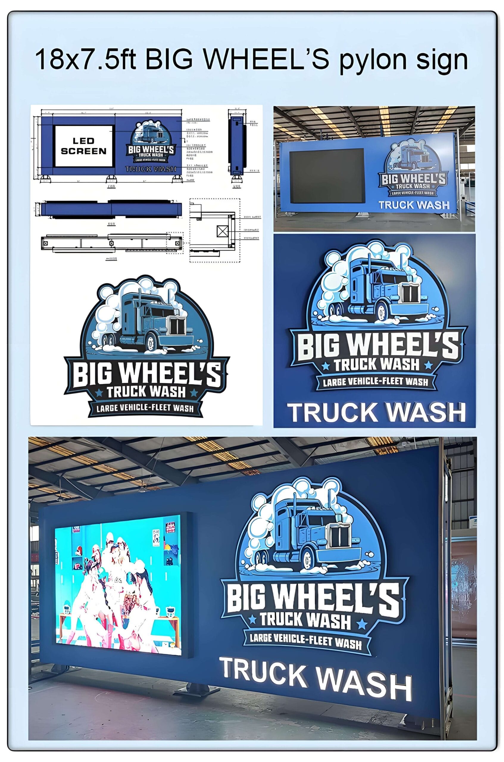 Engineering design drawings and finished photos of outdoor pylon signs for Kroozin and Big Wheel Truck Wash