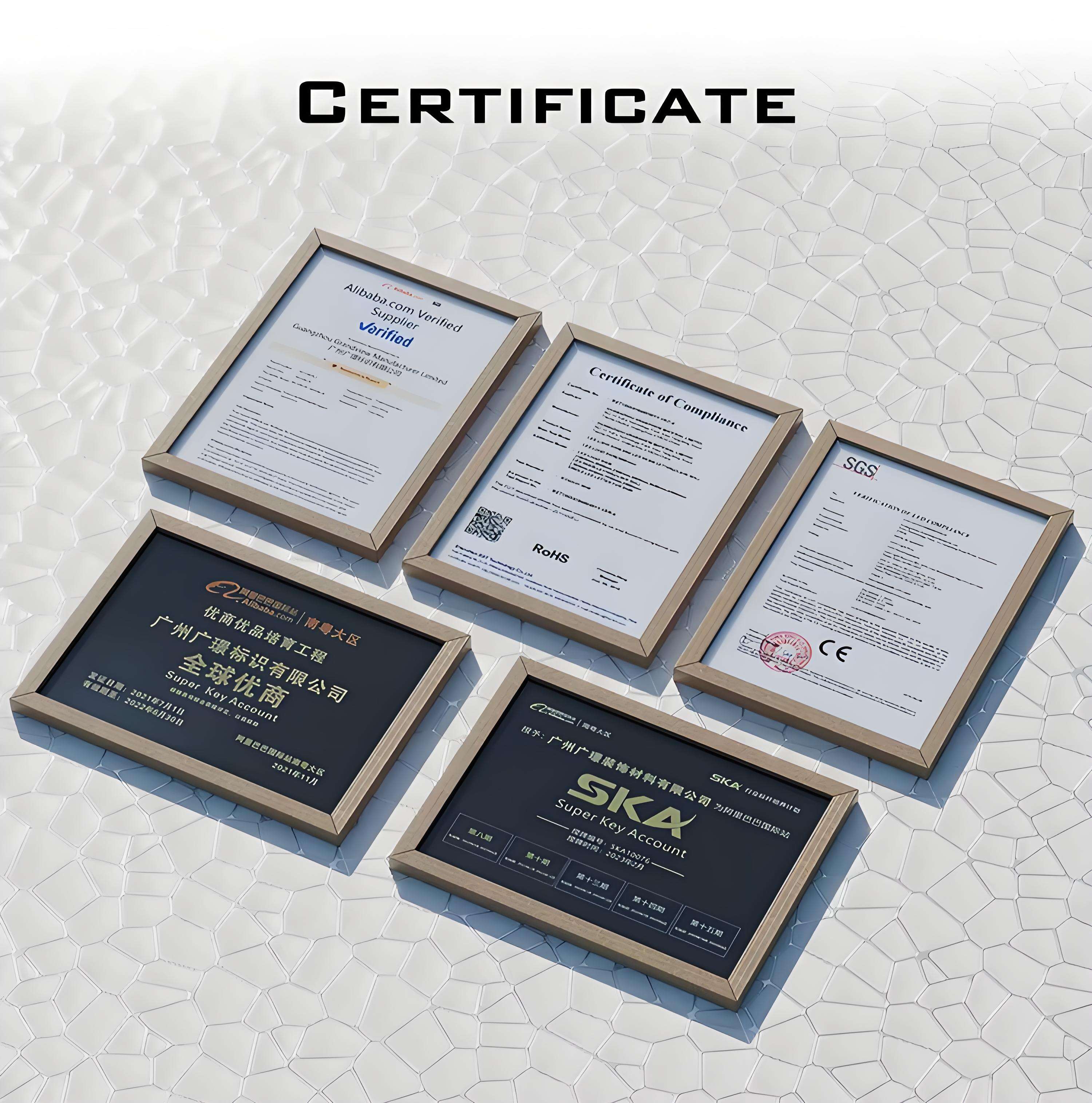 ISO CE and Alibaba Super Key Account certificates held by Grandview Sign Factory