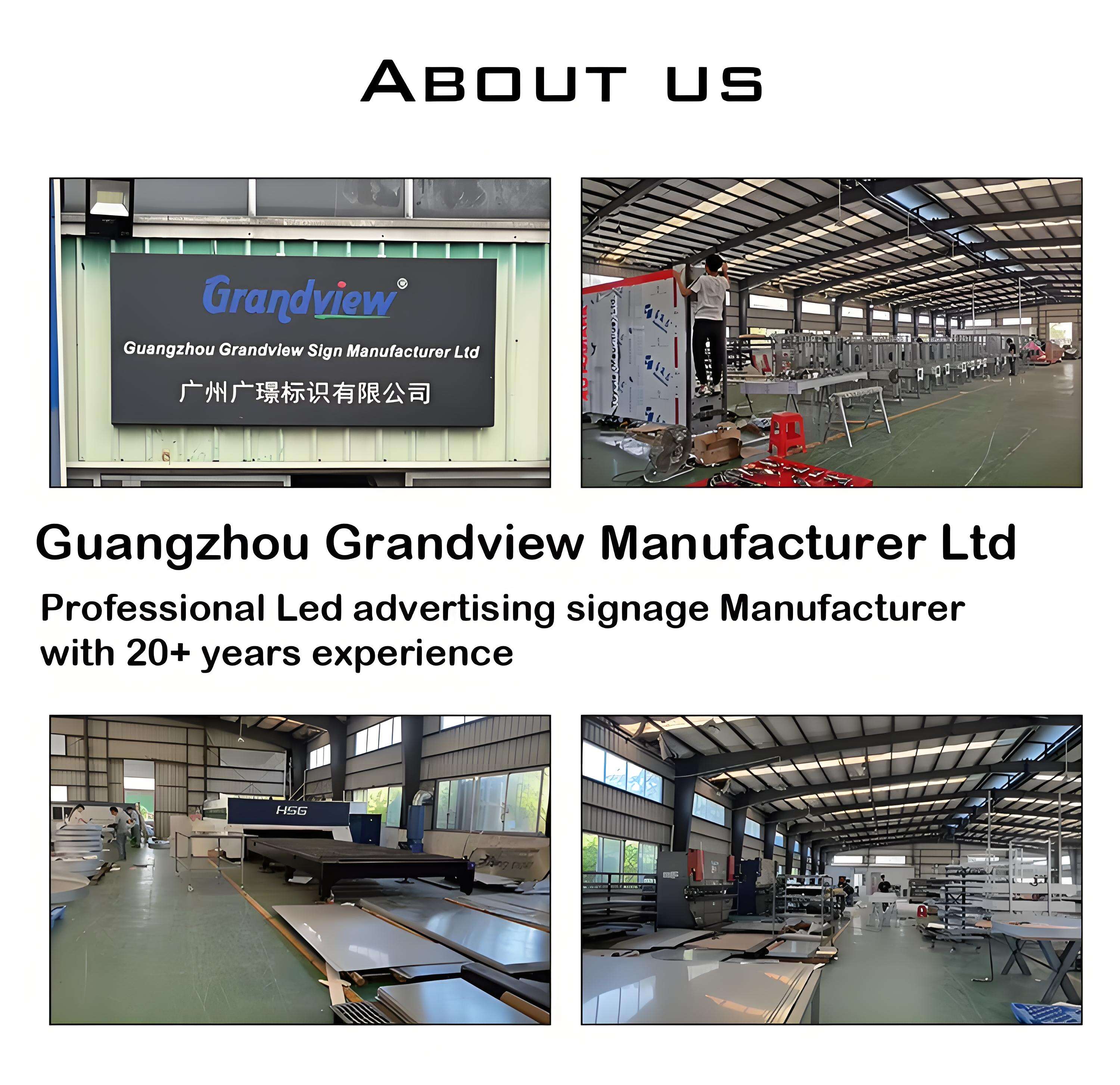 Grandview signage manufacturer workshop view showing 20 years of professional production experience