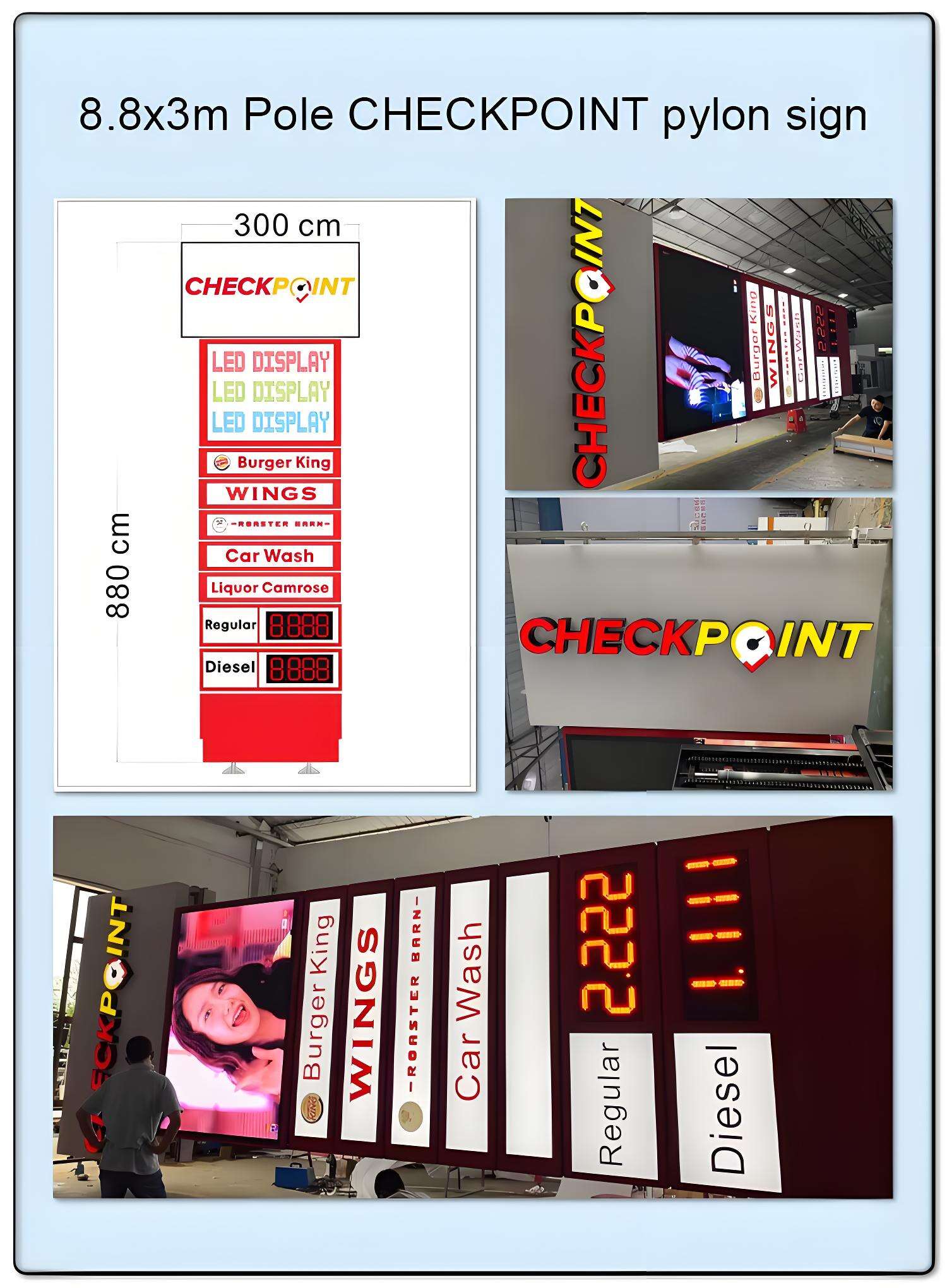 Engineering design drawings and finished photos of outdoor pylon signs for Kroozin and Big Wheel Truck Wash