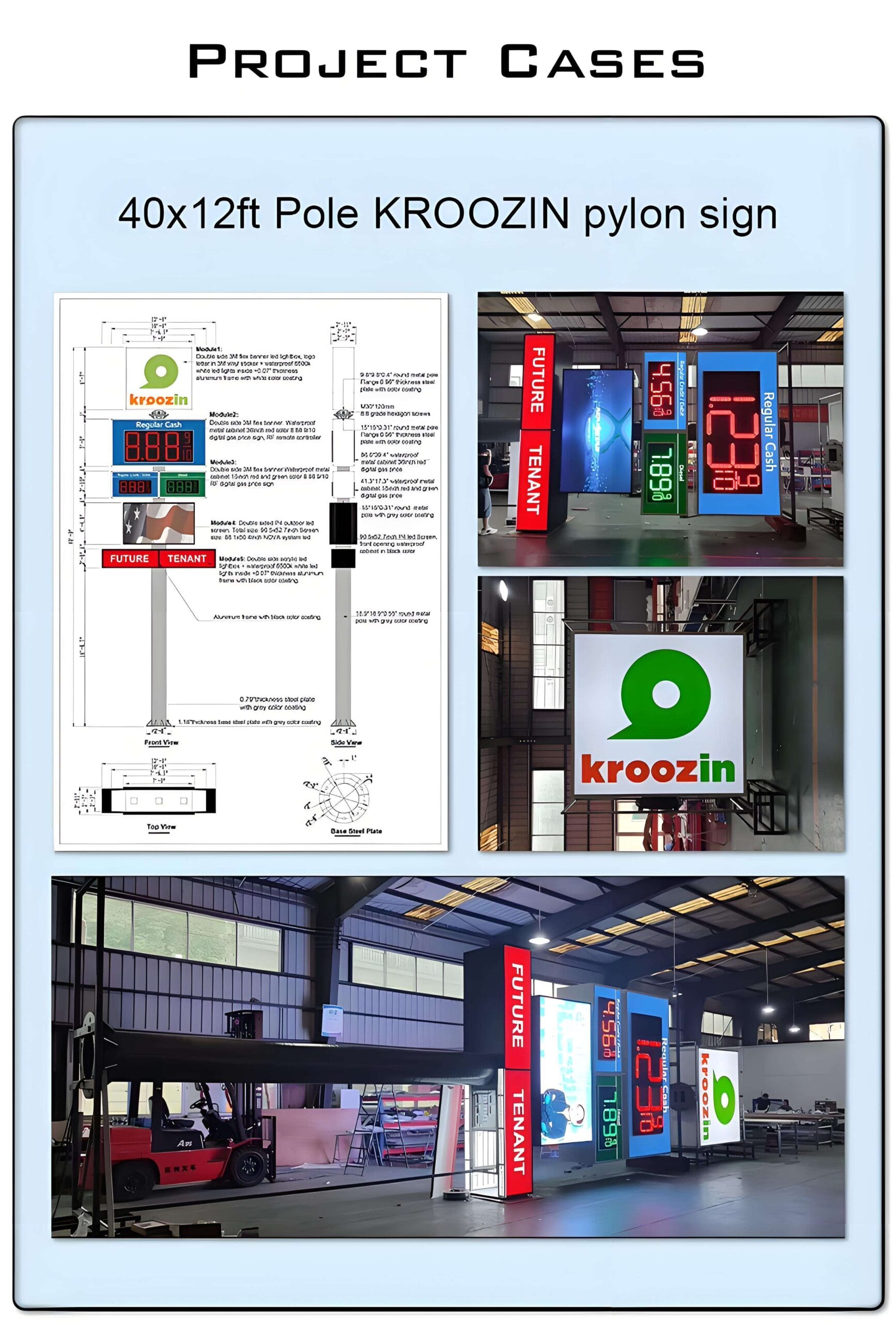 Engineering design drawings and finished photos of outdoor pylon signs for Kroozin and Big Wheel Truck Wash