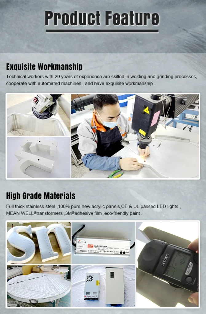 Factory workmanship showing high-grade materials like stainless steel and Mean Well transformers for LED letter signs