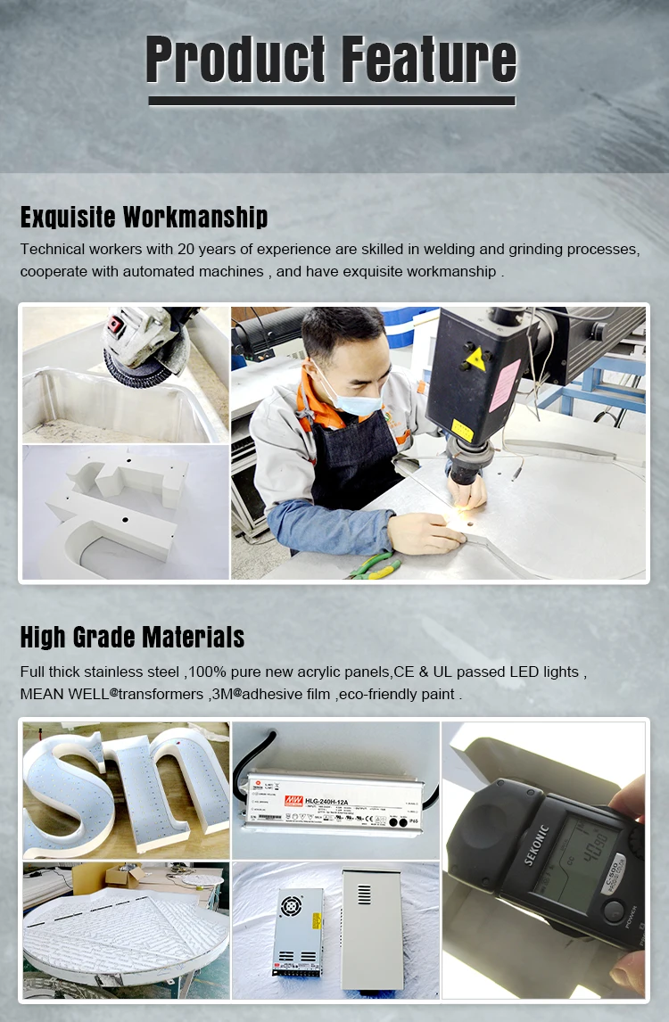 Factory workmanship showing high-grade materials like stainless steel and Mean Well transformers for LED letter signs