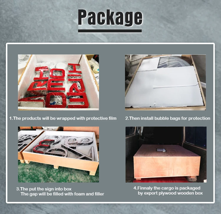 Safe export packaging process for custom LED signs using protective film, foam, and plywood wooden boxes