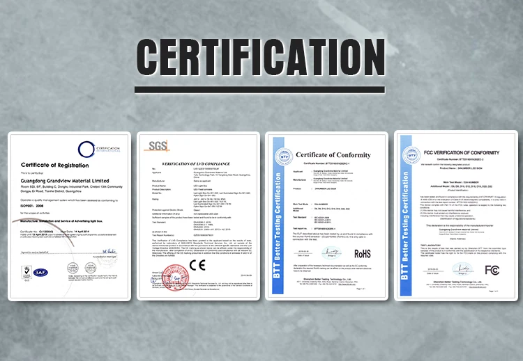 ISO, CE, and UL quality certifications held by Grandview Custom 3D LED Channel Letter Signs Factory