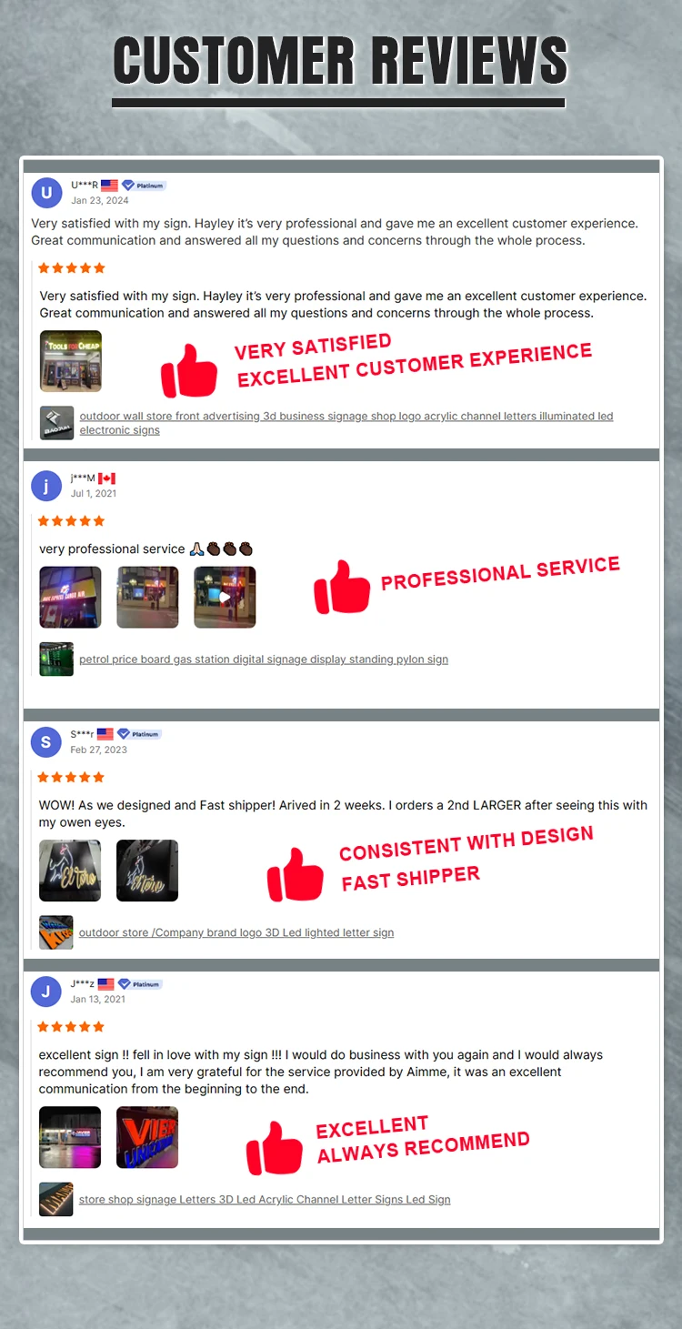 5-star customer reviews and testimonials for custom outdoor business signage design and fast shipping