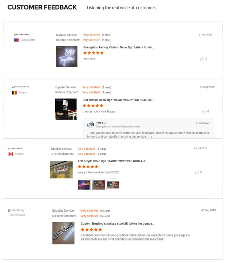 5-star customer reviews and feedback for custom 3D acrylic LED signs and fast shipping service