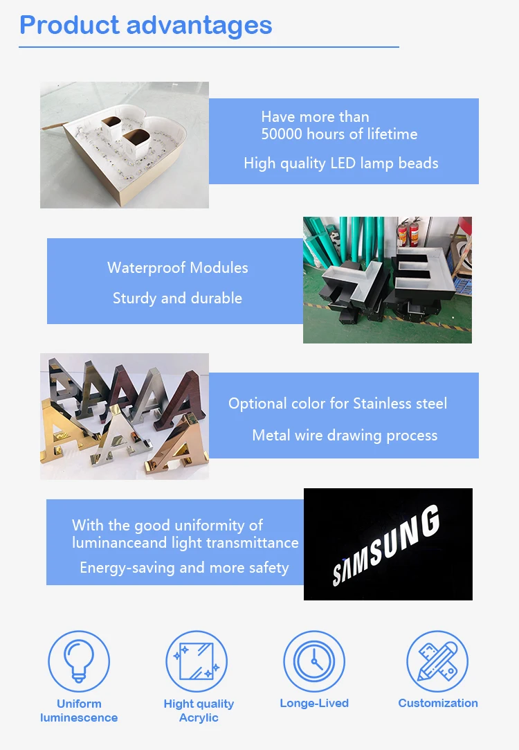 Product advantages of frontlit channel letters including Samsung LED chips, waterproof modules, and stainless steel options
