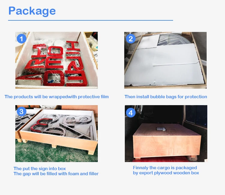 Safe export packaging steps for 3D LED signs using protective film, bubble bags, and plywood wooden box