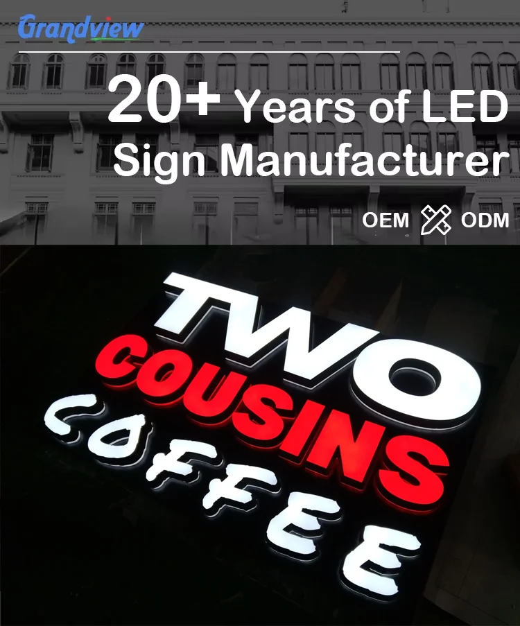 20 years experience LED sign manufacturer showing Two Cousins Coffee custom illuminated signage
