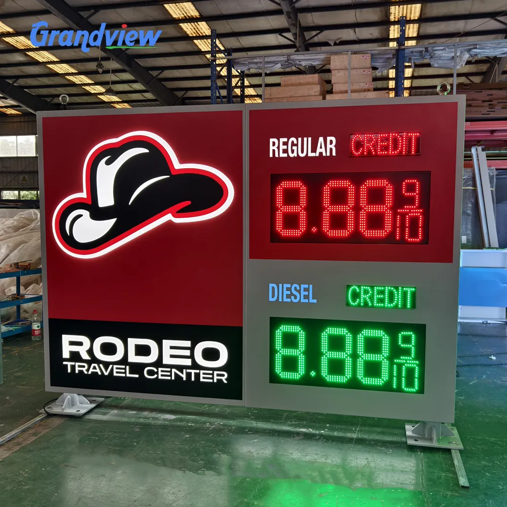 Custom designed LED Gas Station Pylon Sign Factory example for Rodeo Travel Center with red and green digits