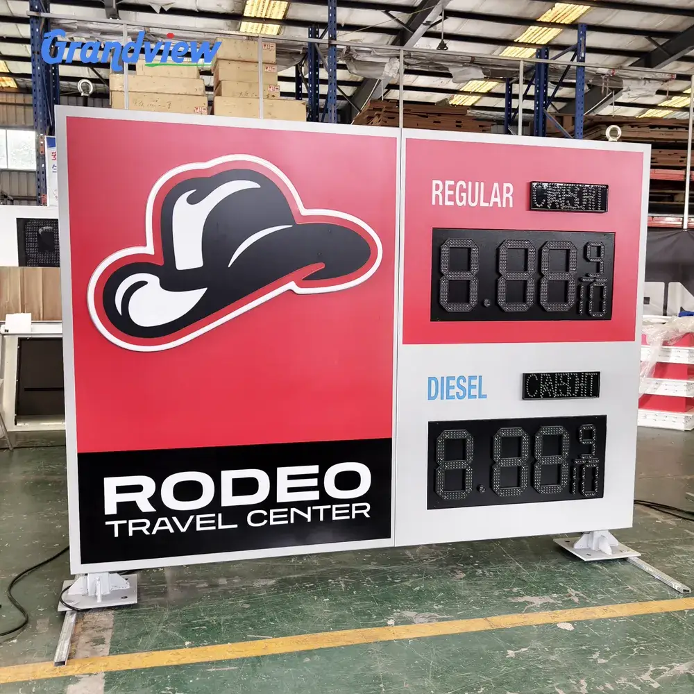 Custom designed LED Gas Station Pylon Sign Factory example for Rodeo Travel Center with red and green digits