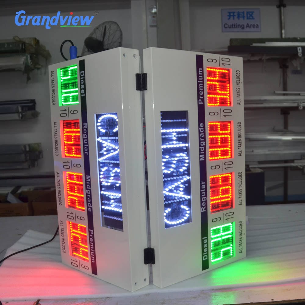 Double sided LED Gas Pump Topper Factory sample showing hinged white cabinet with Red and Green price digits