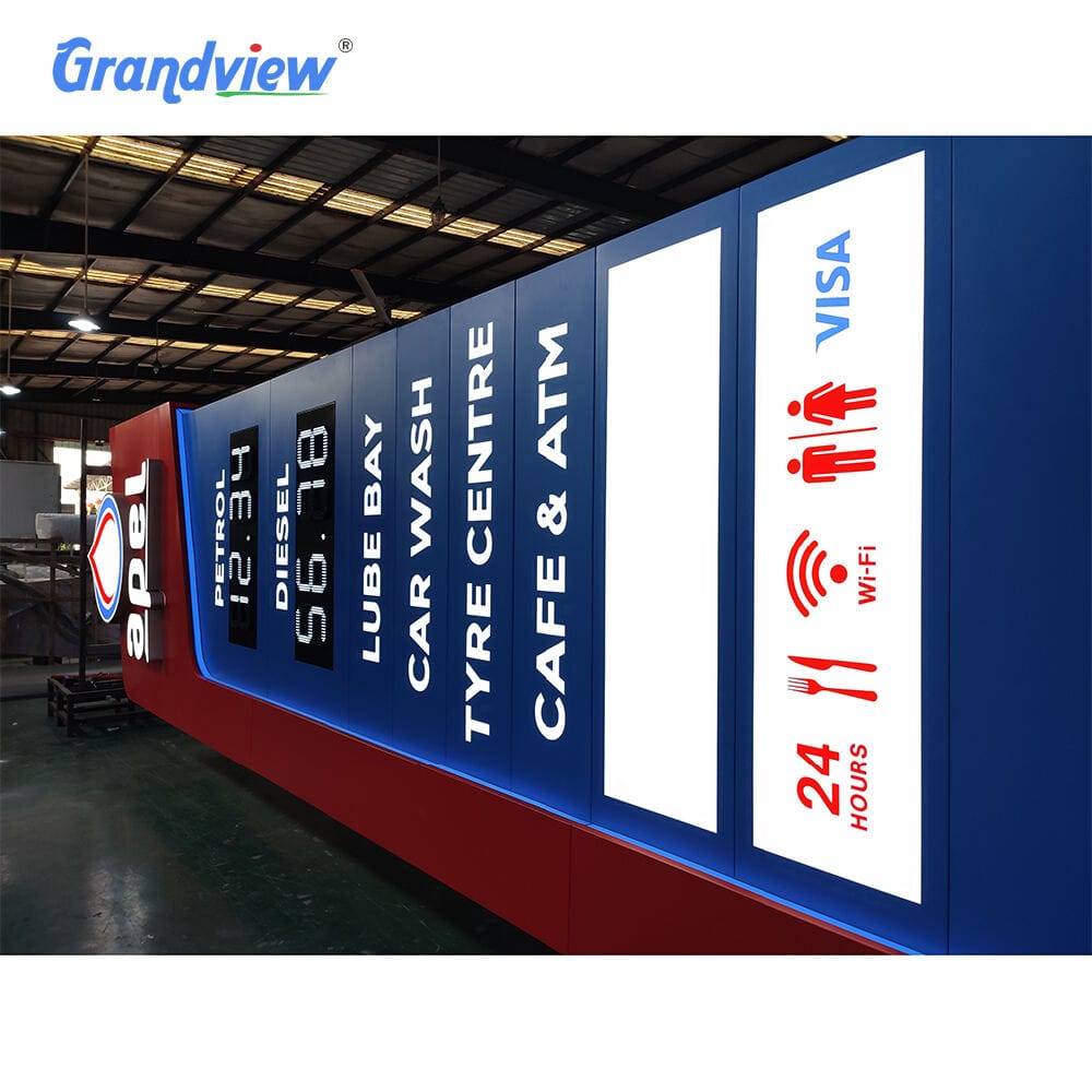 Side view of custom petrol station totem with blue ambient LED lighting strip and amenity icons