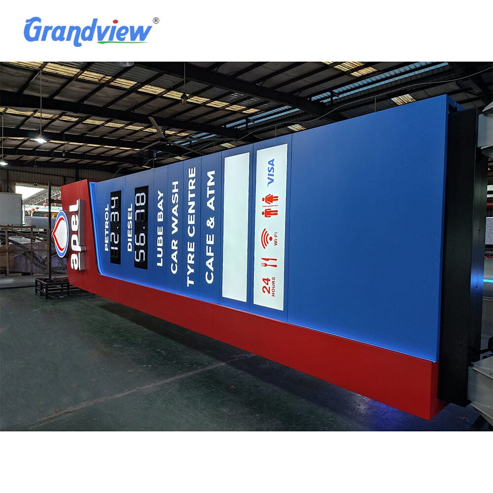 Side view of custom petrol station totem with blue ambient LED lighting strip and amenity icons