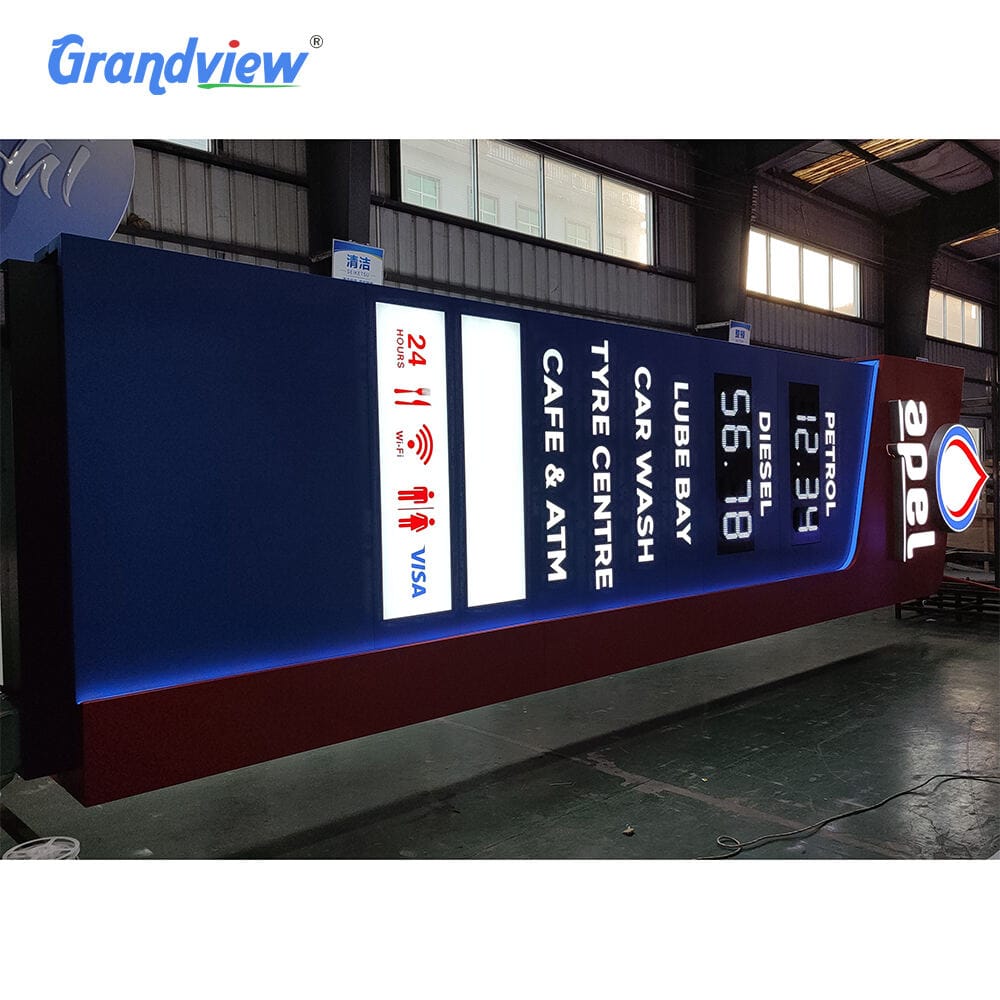 Side view of custom petrol station totem with blue ambient LED lighting strip and amenity icons