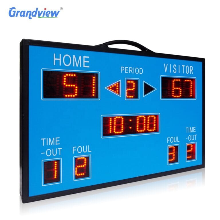 Portable electronic basketball scoreboard with handle showing fouls and time-out LEDs