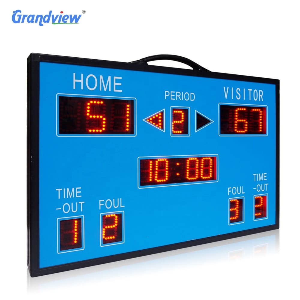 Portable electronic basketball scoreboard with handle showing fouls and time-out LEDs