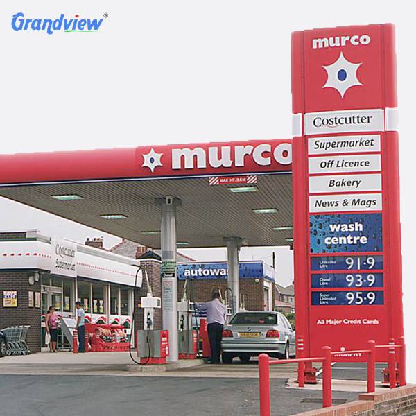 Complete Murco gas station branding sign factory project featuring red canopy and standing pylon display