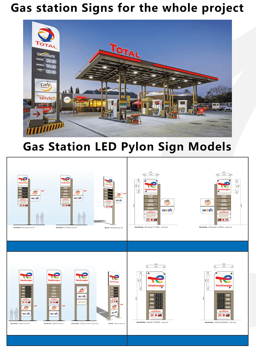 Technical design drawings for Total Energies gas station pylon signs and totem displays
