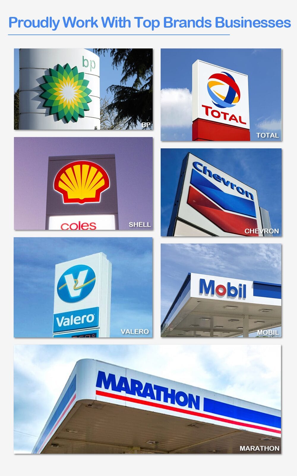 Portfolio of gas station signs manufactured for major oil companies like Shell, Chevron, BP and Total
