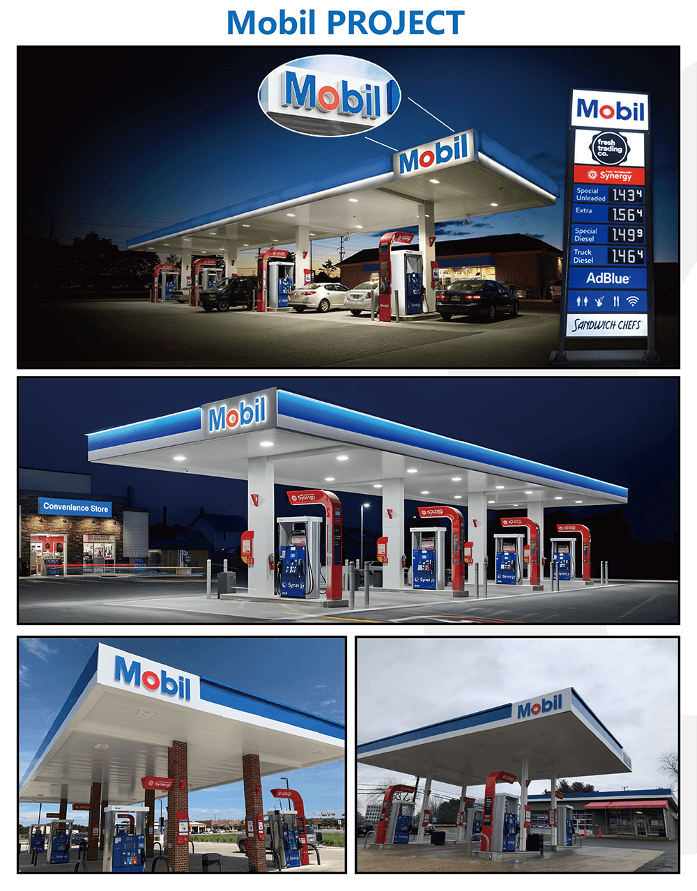 Mobil gas station branding design with illuminated canopy fascia and pump island signs at night