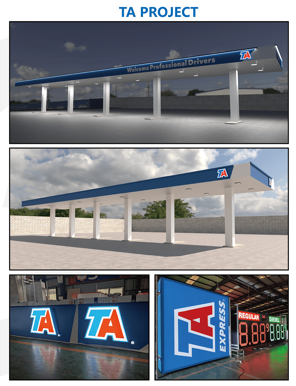 3D rendering and factory production of TA Express gas station canopy signage and channel letters