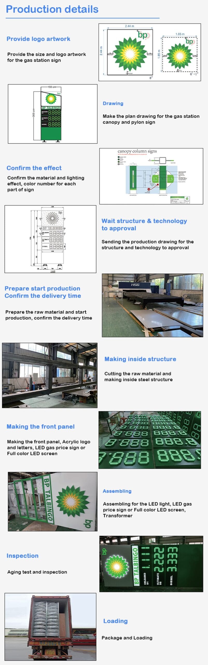 Factory production of large scale Mobil gas station channel letters and LED screens