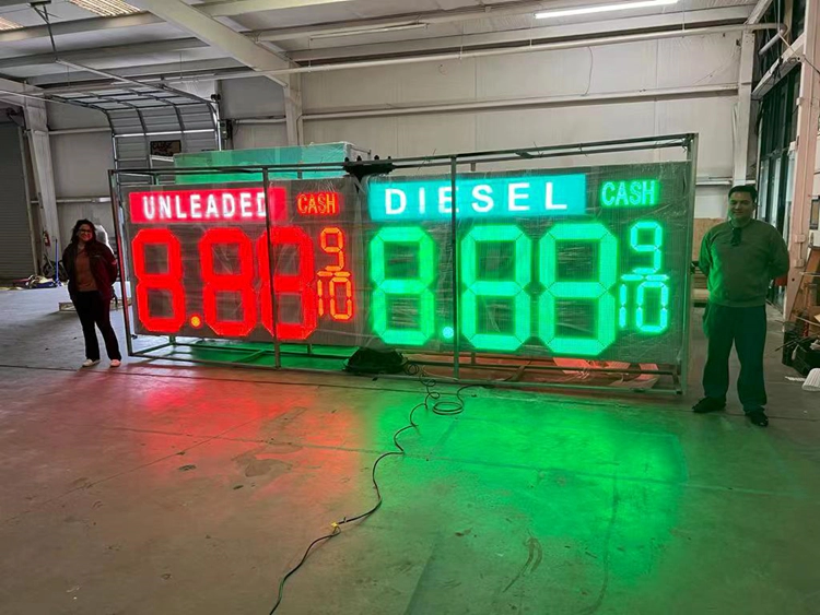 LED gas price changer modules displaying Unleaded and Diesel prices
