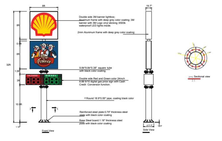 Technical drawing structure of Shell gas station pylon sign