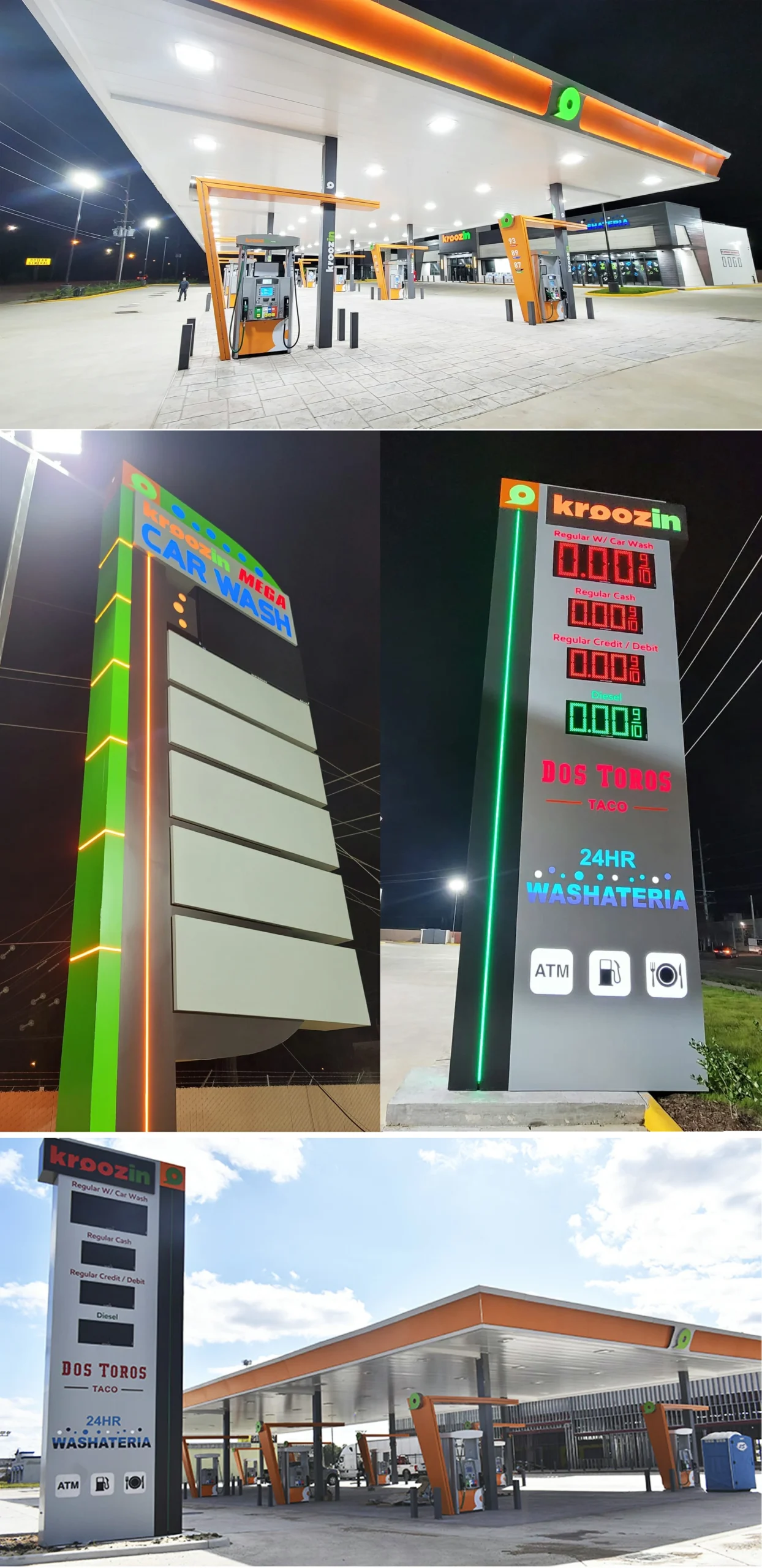 Illuminated gas station pylon sign night view