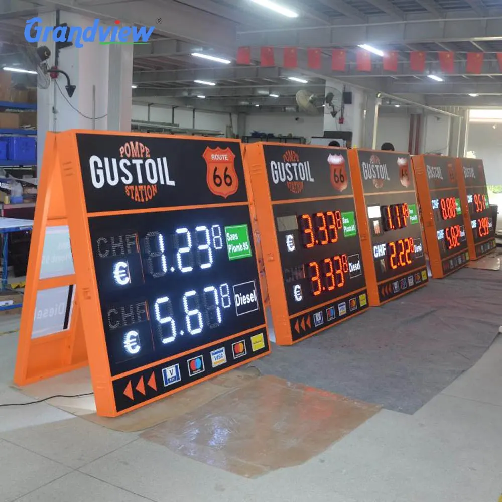 Red LED digital gas station price signs displaying prices 1.23 and 5.67 in a factory setting.