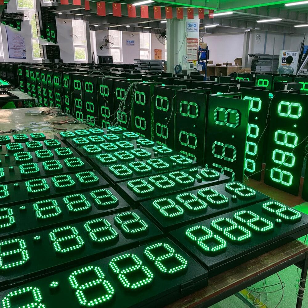 Mass production of green LED digits at LED Gas Price Sign Factory