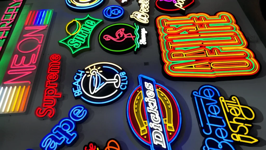 Collection of custom LED neon signs for brands and wall decor manufactured by Grandview