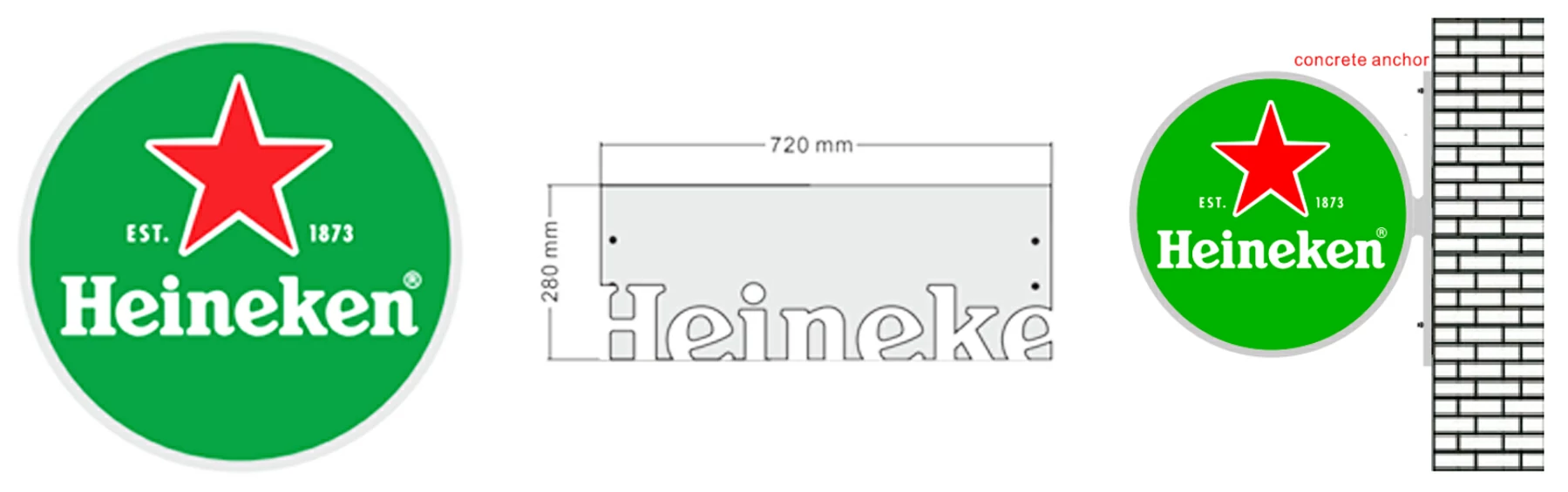 Technical drawing dimensions of 720mm double-sided LED blade sign