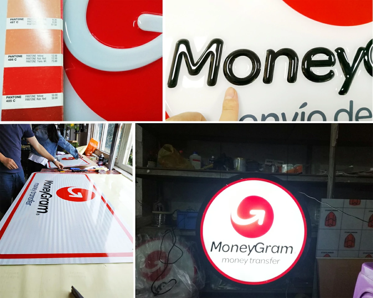 Round illuminated LED light box displaying MoneyGram logo night view