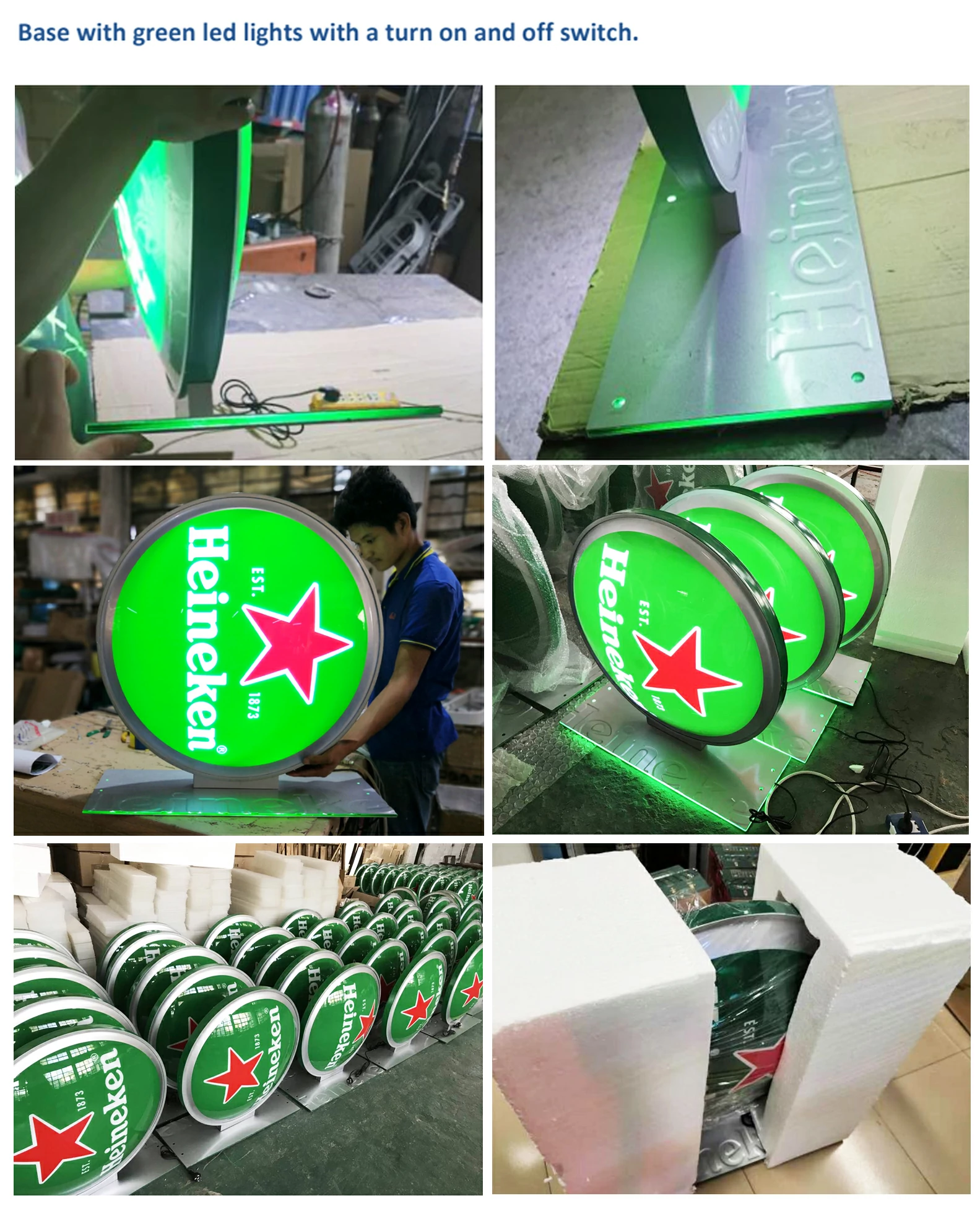 Mass production and green LED lighting test of round light boxes in factory&Shockproof foam packaging for export standard custom bar signage