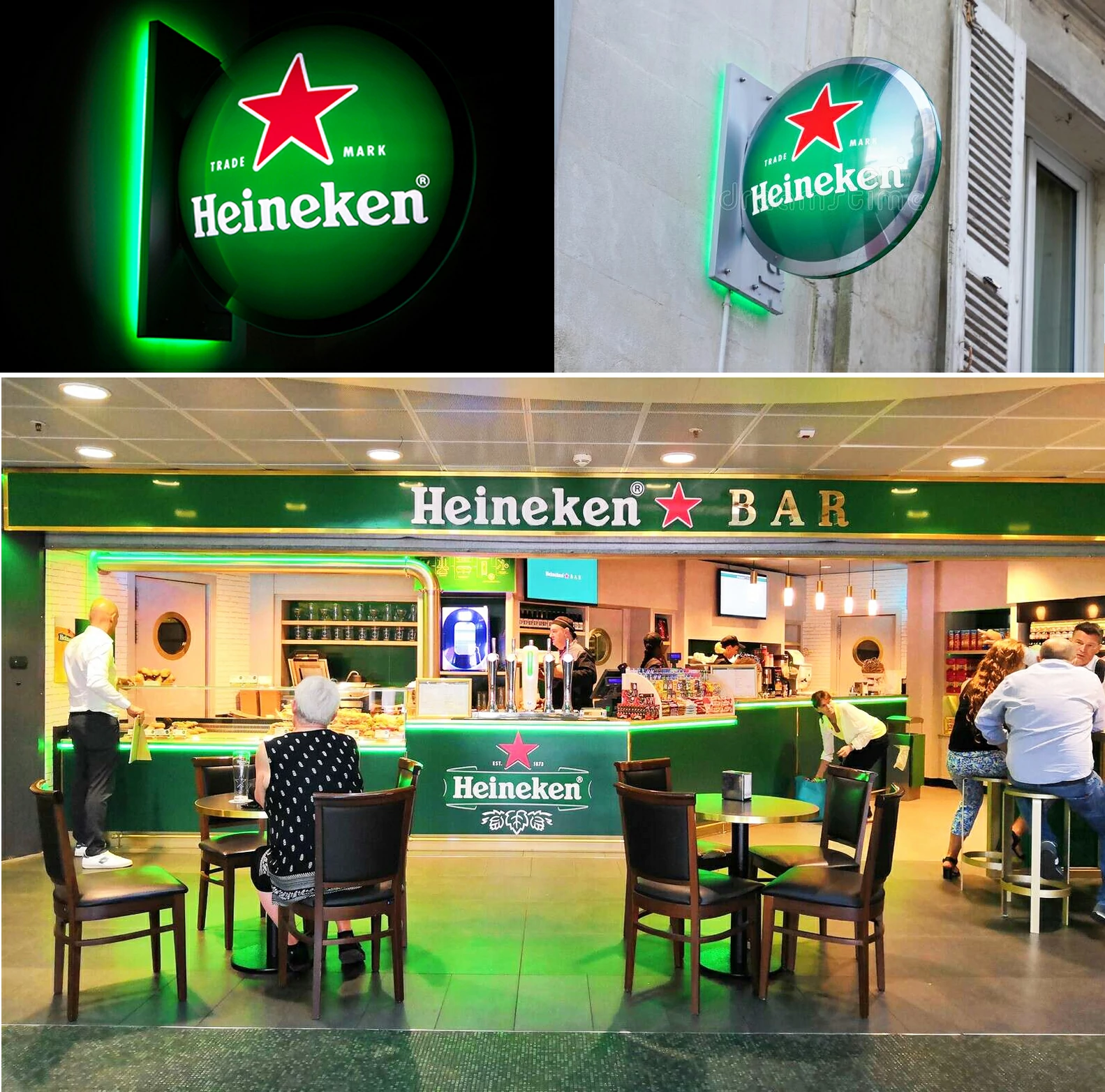 Wall-mounted illuminated projecting sign installed at Heineken bar night view