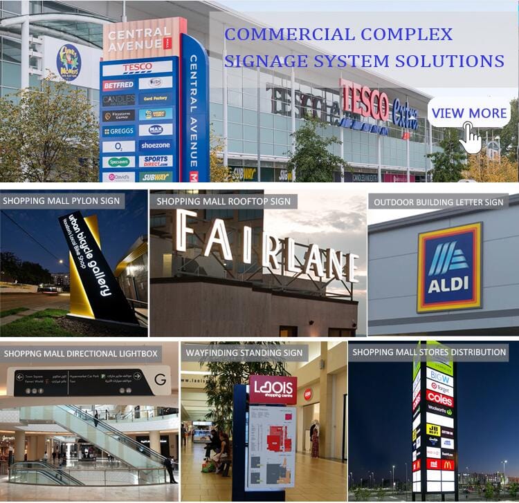 Commercial complex signage system solutions including shopping mall pylon signs and rooftop letters