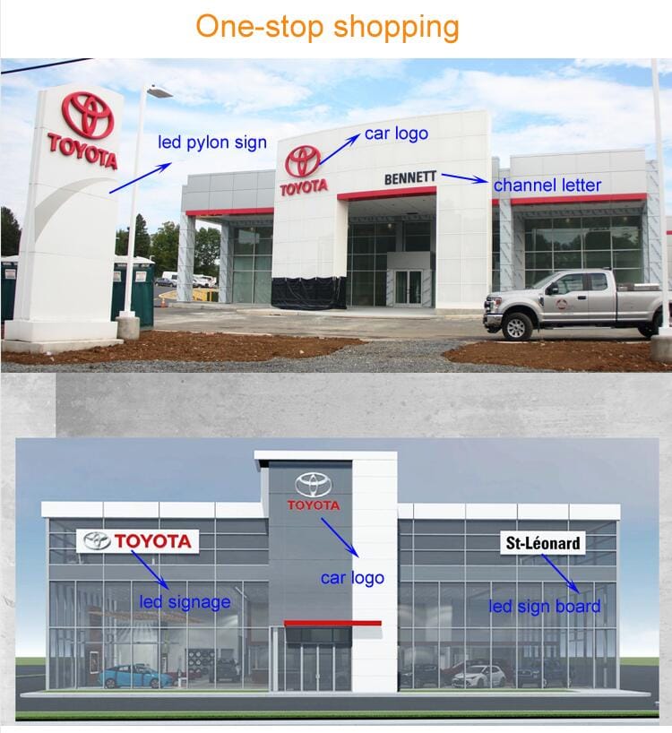 Automotive dealership pylon sign manufacturing for Toyota service centers featuring car logos
