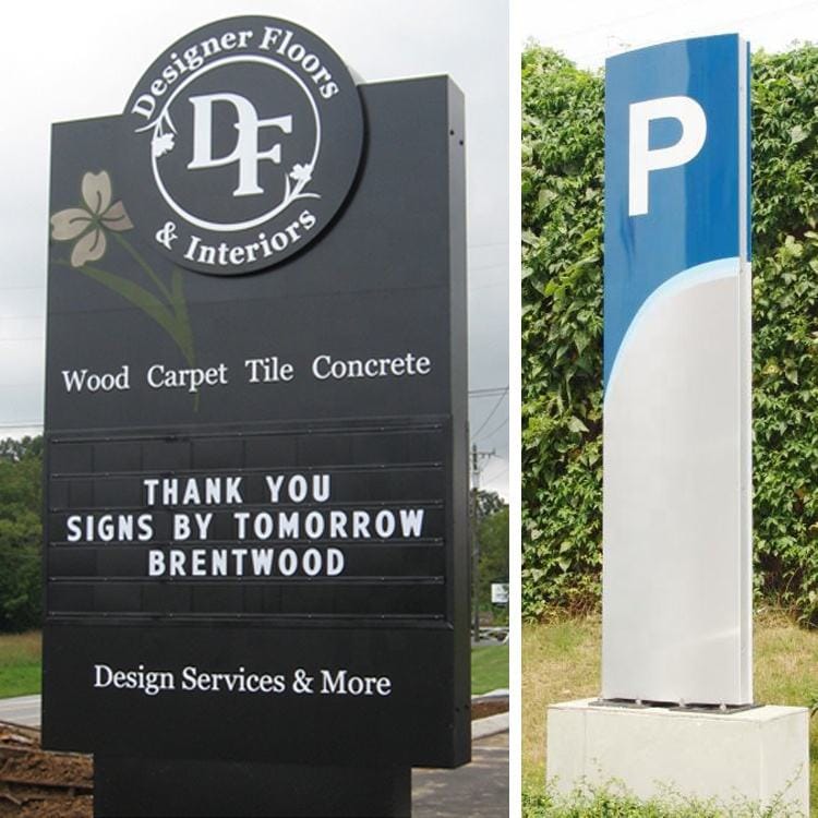 Architectural monument sign factory project showing custom outdoor business sign for Designer Floors and modern parking wayfinding