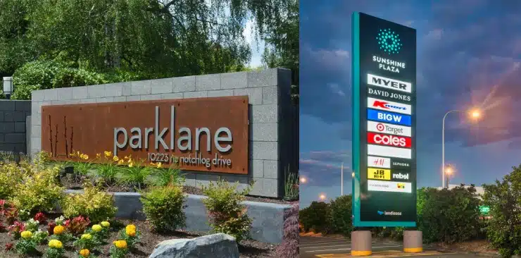 Visual comparison between tall monolith signs and low-profile monument signs.