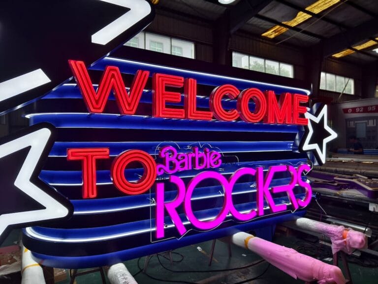 Custom fabricated LED flex neon sign "Welcome to Rockers" for bar and entertainment venue