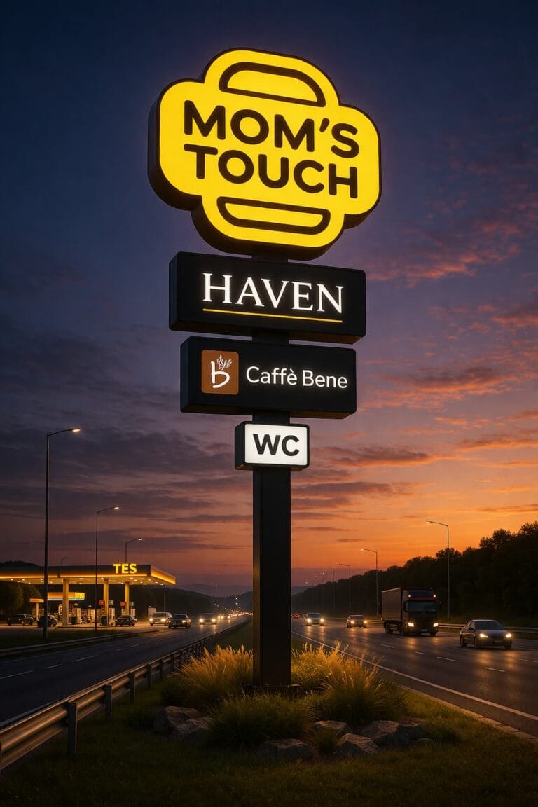 Custom multi-tenant illuminated pylon sign for commercial retail plazas and highway advertising