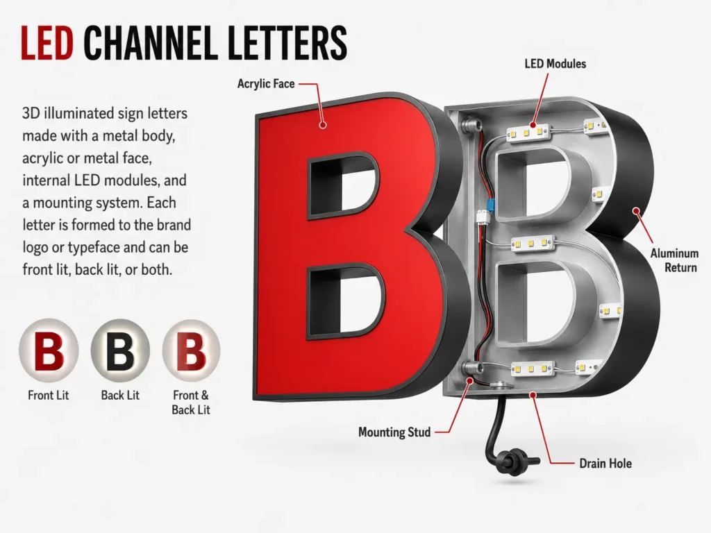three-dimensional illuminated sign letters