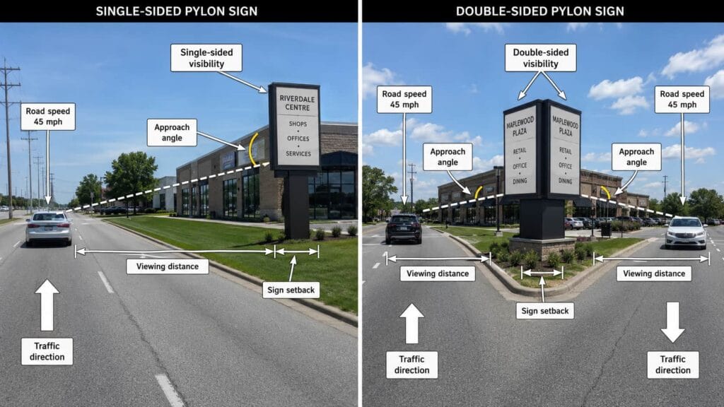 Commercial pylon sign visibility guide showing single-sided and double-sided pylon sign placement, traffic direction, viewing distance, approach angle, road speed, and setback distance.