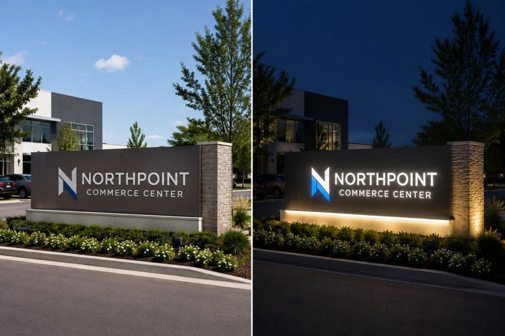 Illuminated monument sign shown in daytime and nighttime conditions