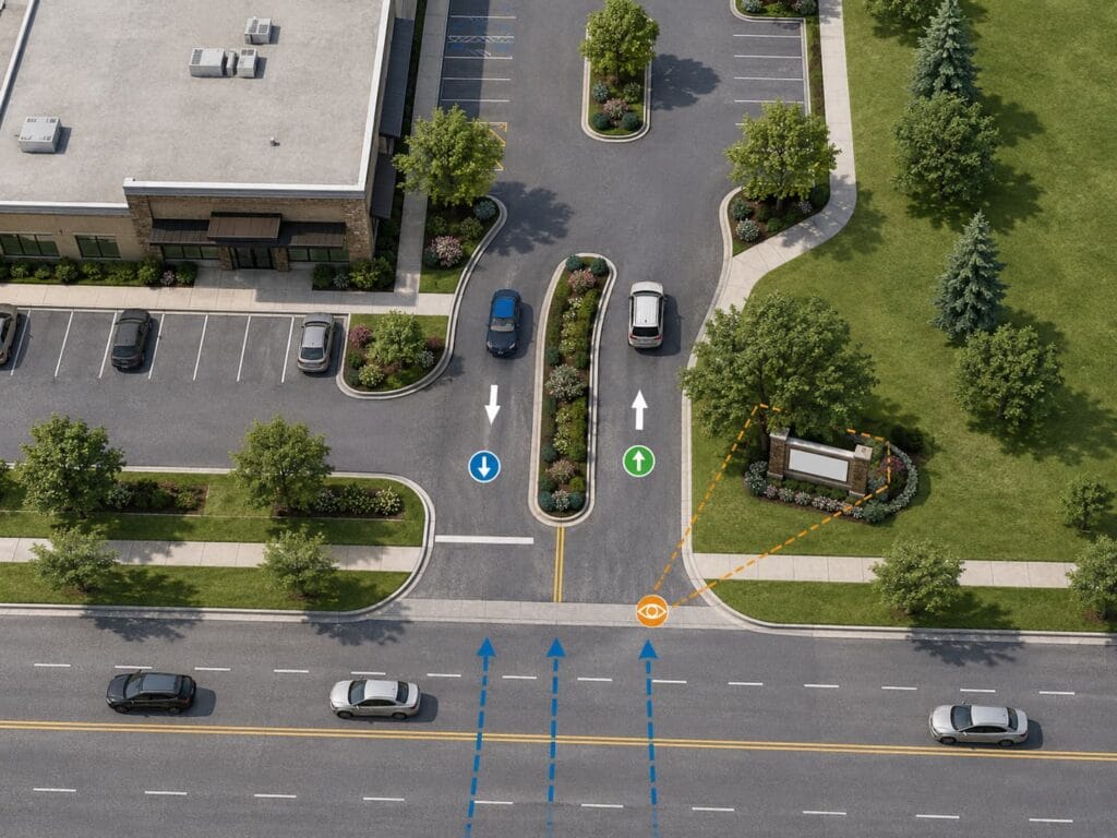 Monument sign site planning with traffic direction viewing angle and landscaping