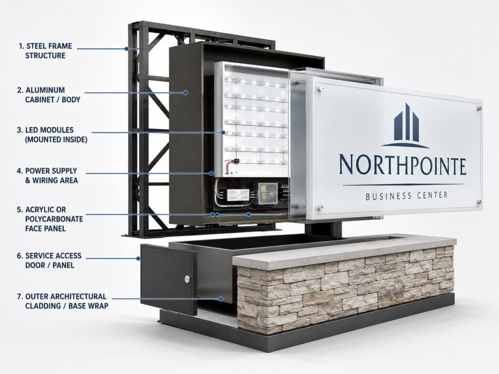 Monument sign structure with steel frame aluminum cabinet LED modules and sign face